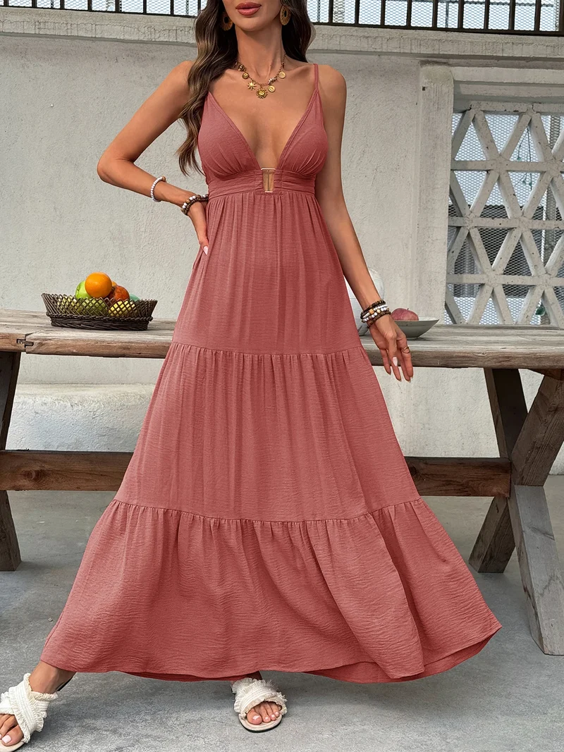 Longue robe de vacances boho rouge sable à bretelles