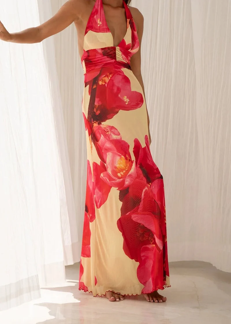 Robe longue bohème imprimée fleurs - chic et fluide pour femme avec grand décolleté et dos nu (Copie)