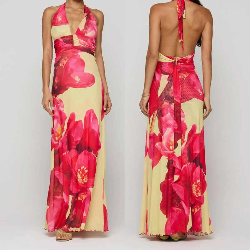 Robe longue bohème imprimée fleurs - chic et fluide pour femme avec grand décolleté et dos nu (Copie)