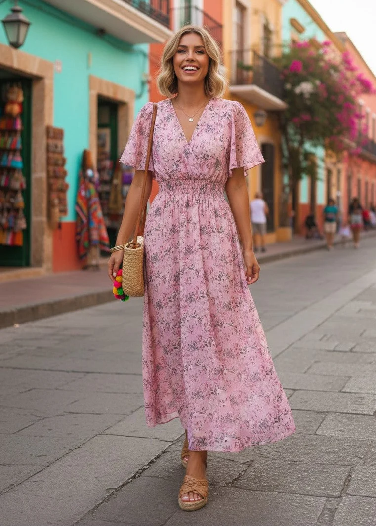Robe rose longue bohème en mousseline