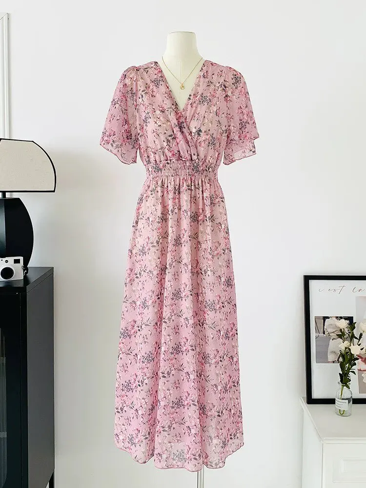 Robe rose longue bohème en mousseline