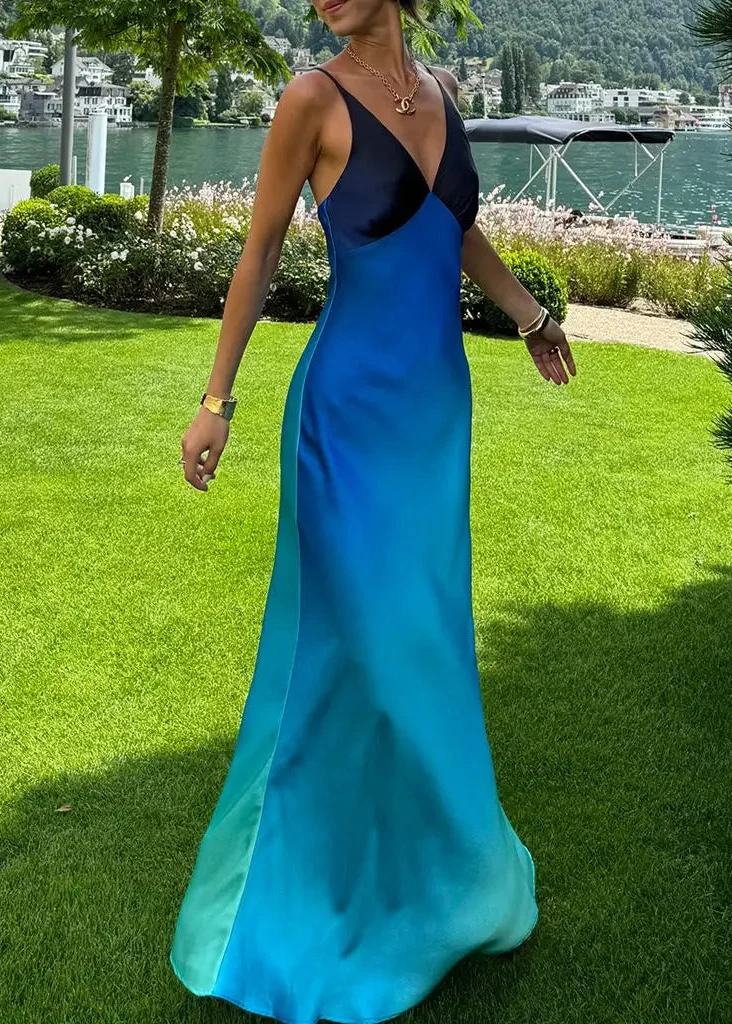 Robe longue bleue bohème chic pour femme à bretelles et dos nu