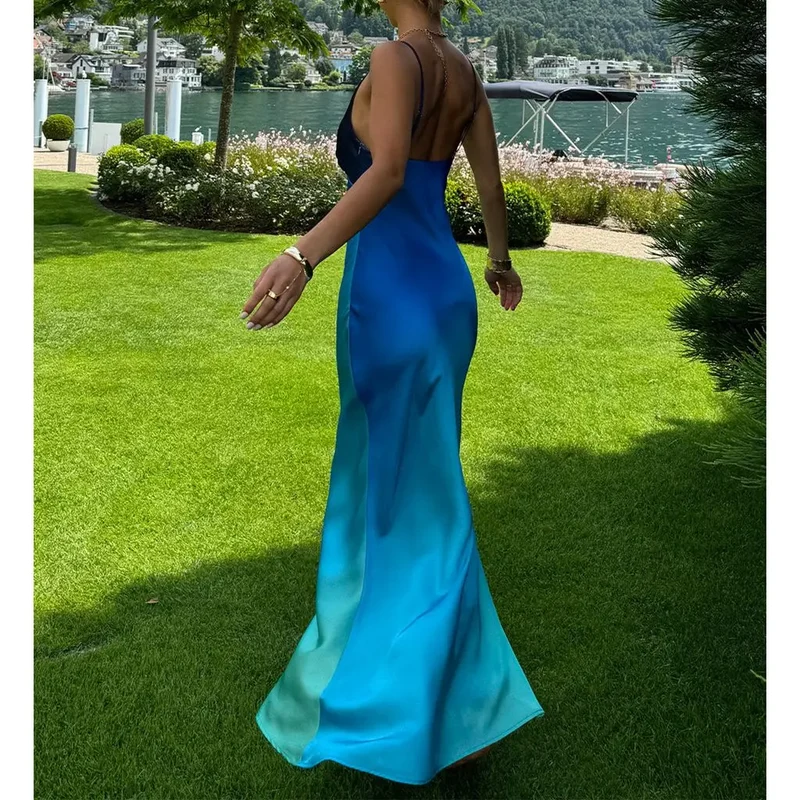 Robe longue bleue bohème chic pour femme à bretelles et dos nu