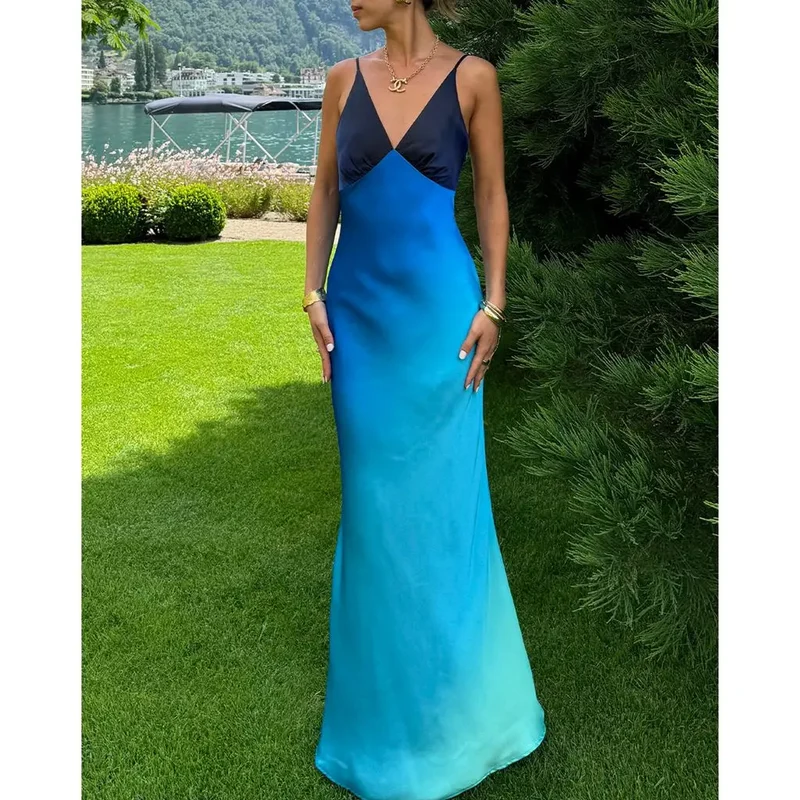 Robe longue bleue bohème chic pour femme à bretelles et dos nu