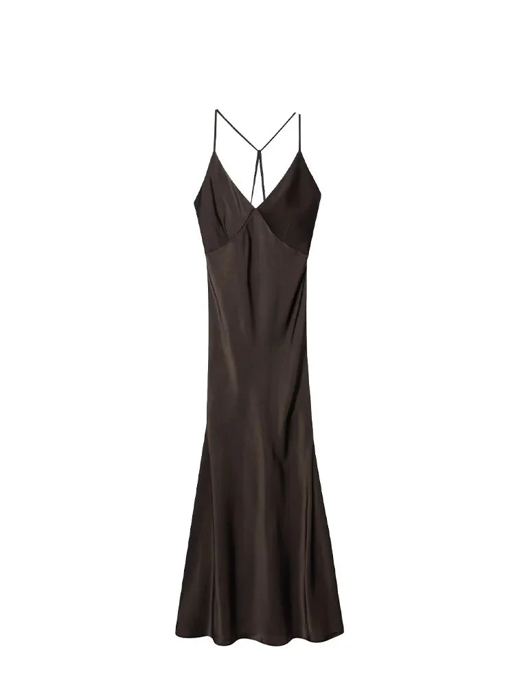 Robe longue marron satin pour femme au dos nu