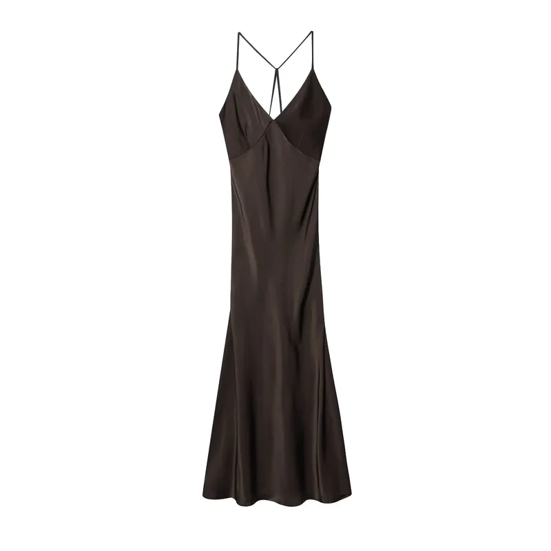 Robe longue marron satin pour femme au dos nu