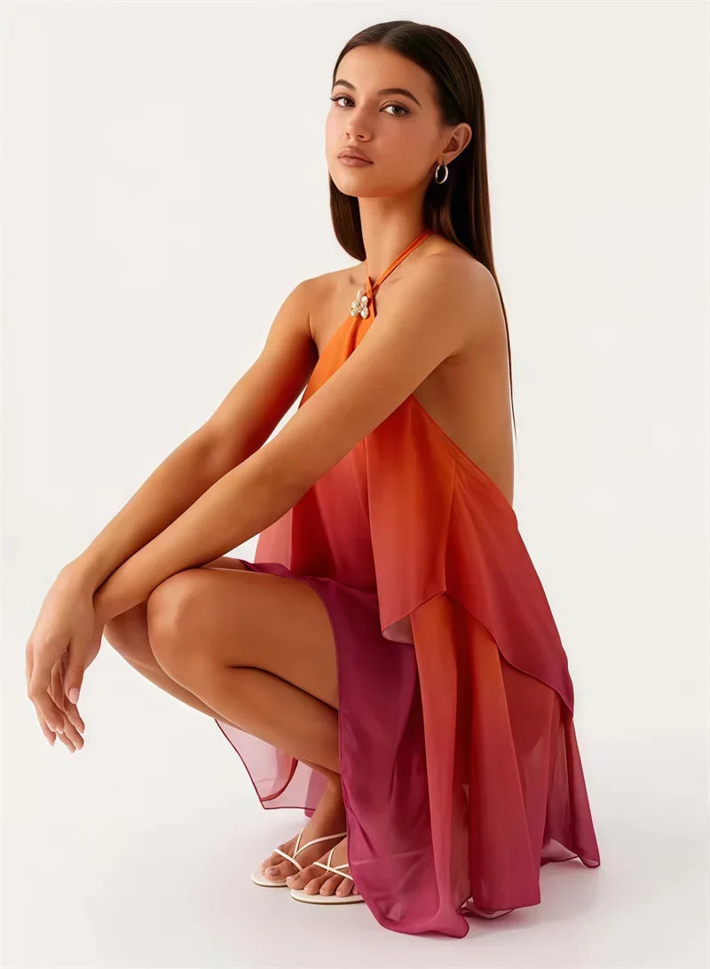 Robe courte chic rose dégradé à volants
