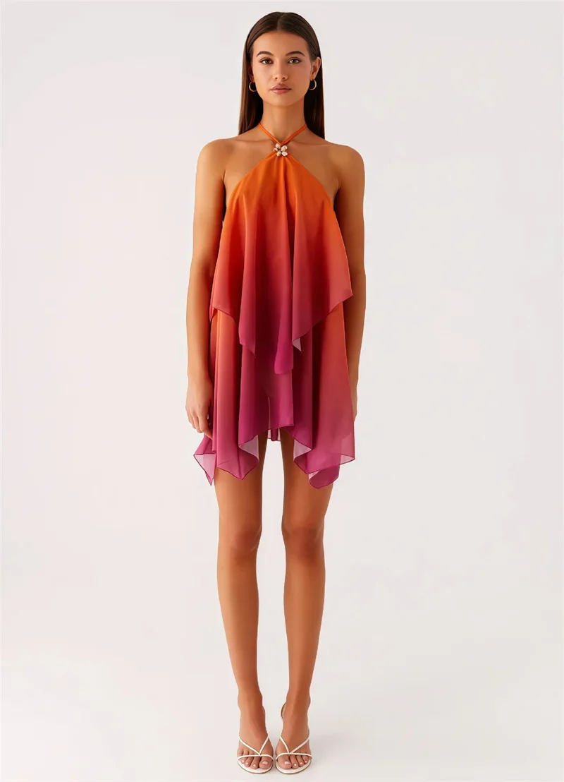 Robe courte chic rose dégradé à volants