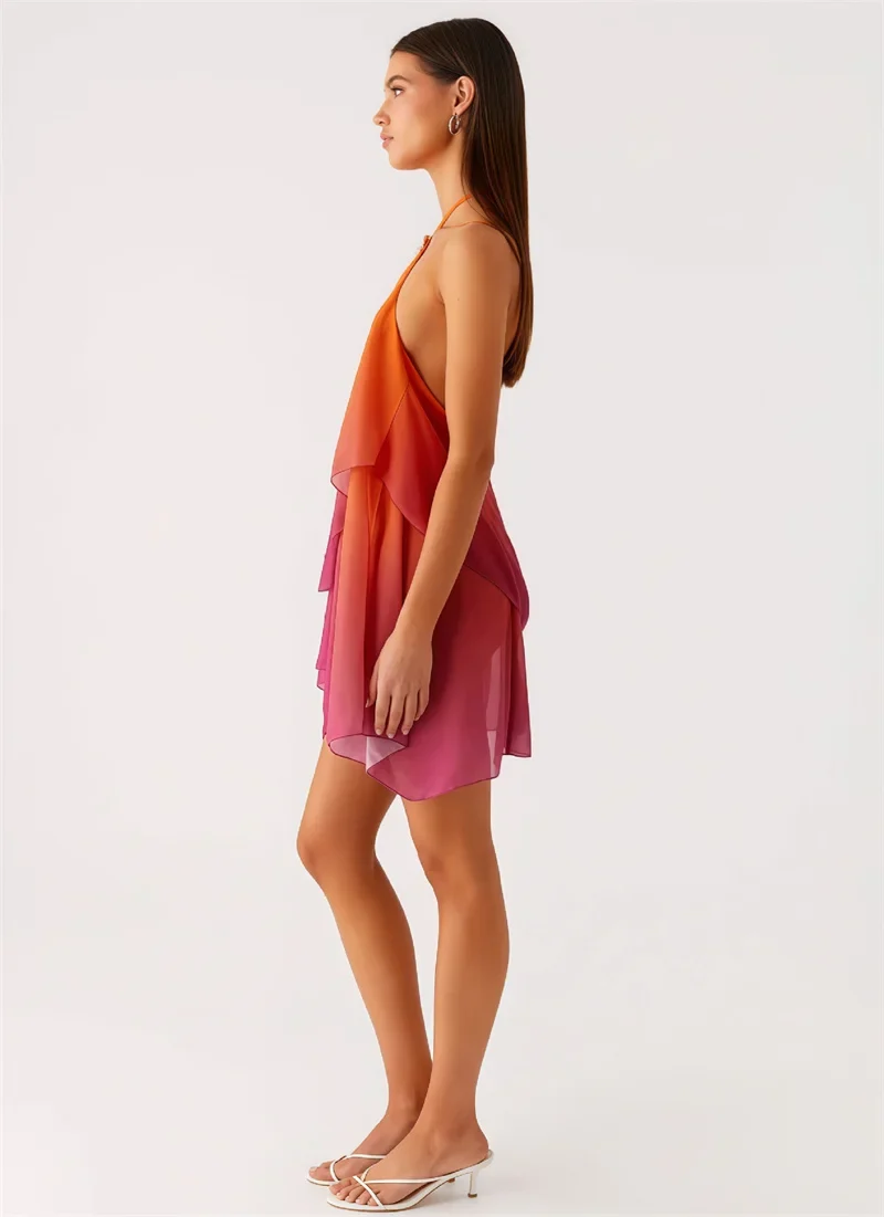 Robe courte chic rose dégradé à volants