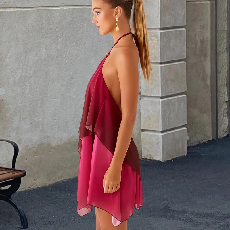 Robe courte chic rose dégradé à volants
