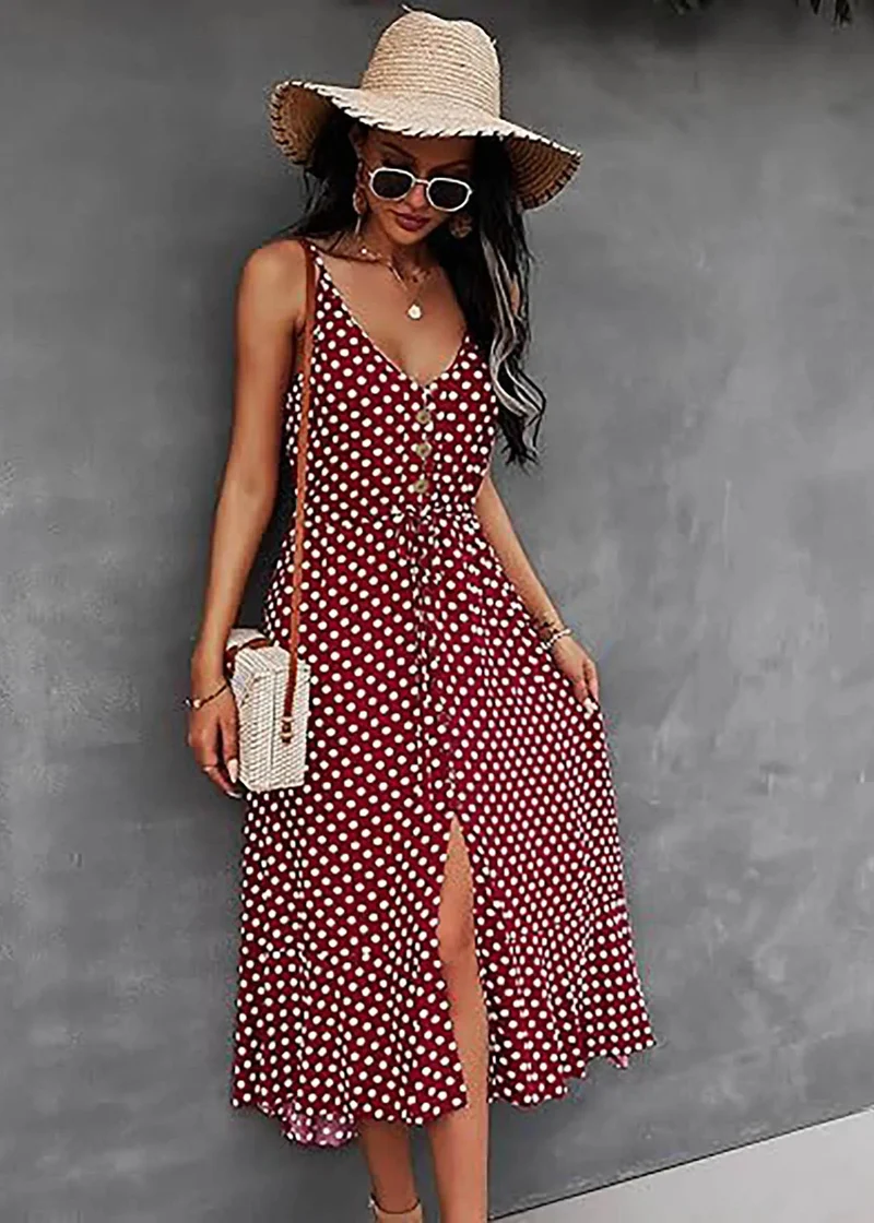 Robe bohème chic romantique rouge à pois