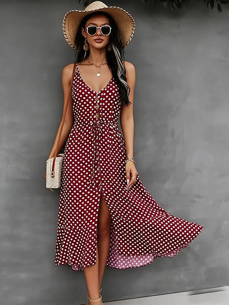 Robe bohème chic romantique rouge à pois