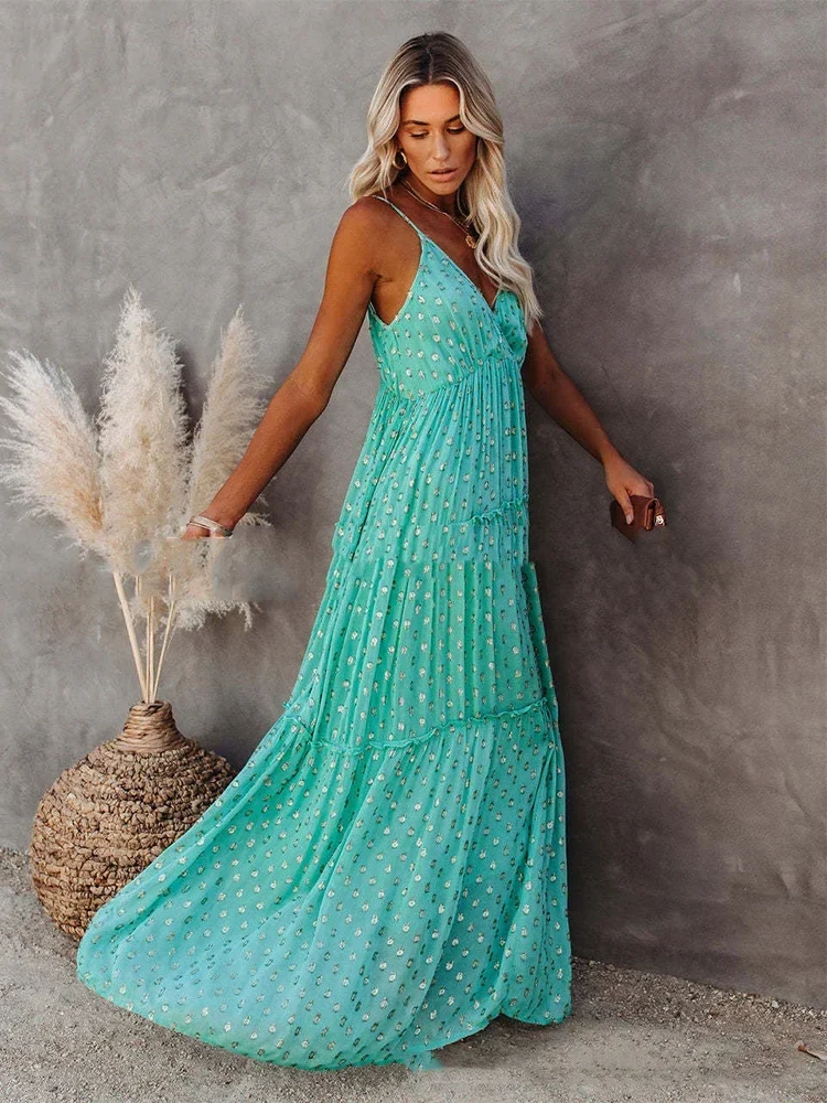 Robe longue d’été verte bohème chic