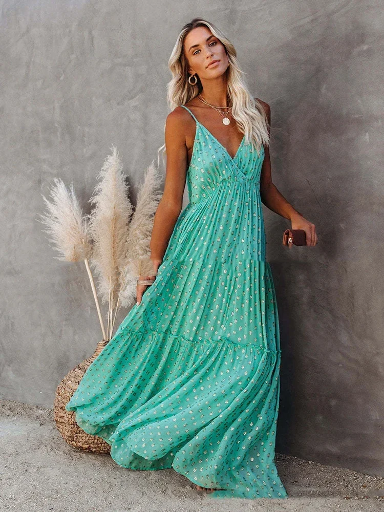 Robe longue d’été verte bohème chic