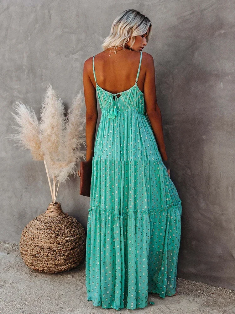 Robe longue d’été verte bohème chic