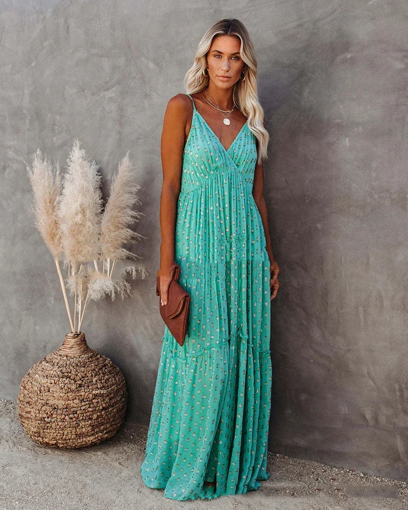 Robe longue d’été verte bohème chic