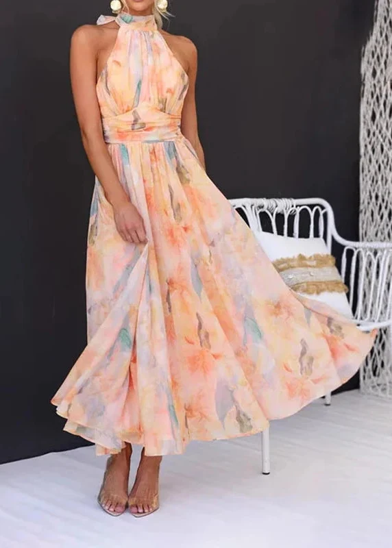 Robe d’été imprimée orange pour femme dos nu à col halter