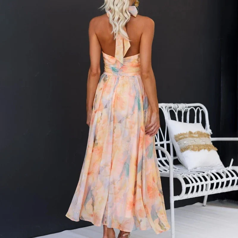 Robe d’été imprimée orange pour femme dos nu à col halter