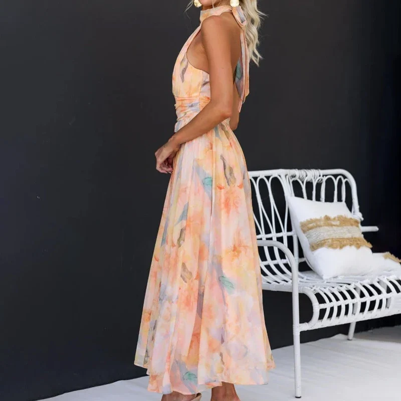 Robe d’été imprimée orange pour femme dos nu à col halter