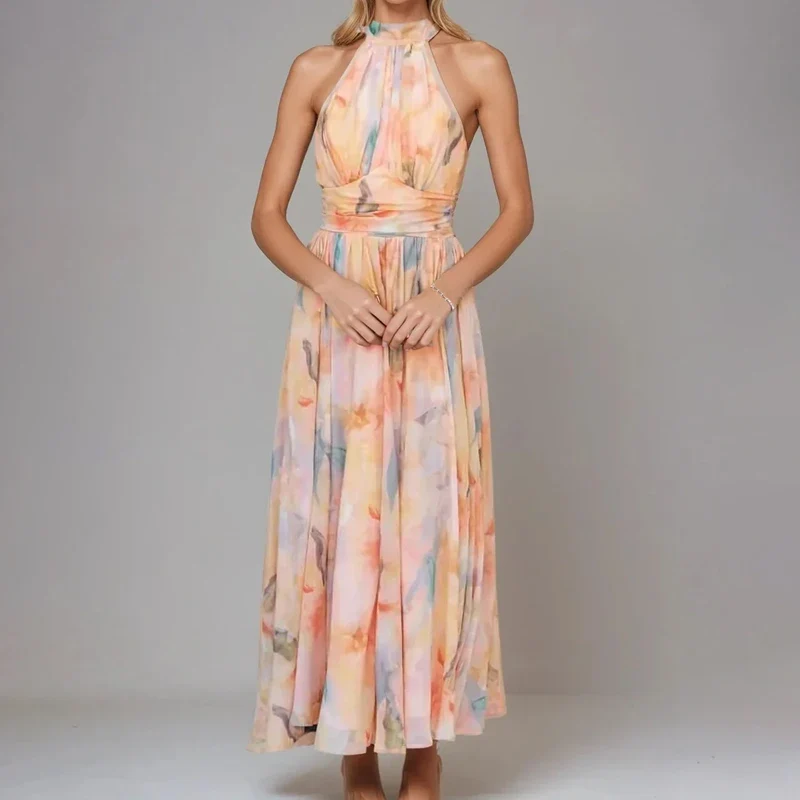 Robe d’été imprimée orange pour femme dos nu à col halter