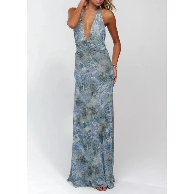 Robe longue chic et fluide pour femme avec grand décolleté et dos nu