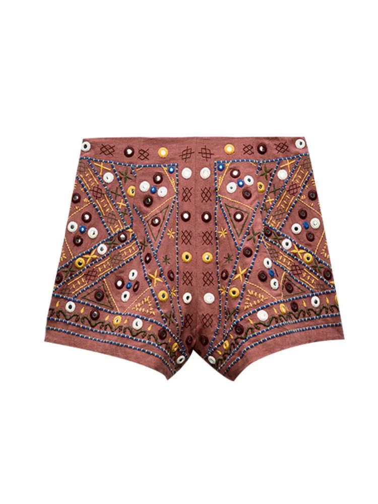 Short bohème marron à broderies avec perles