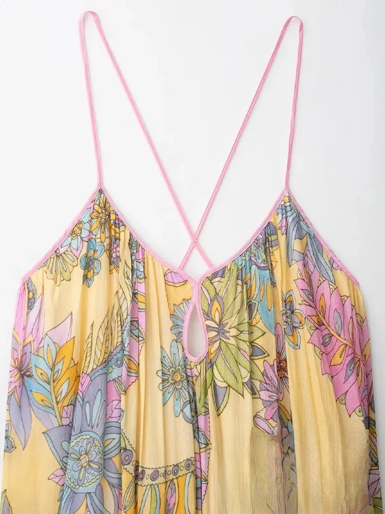 Robe d’été fluide à bretelles imprimé floral en mousseline