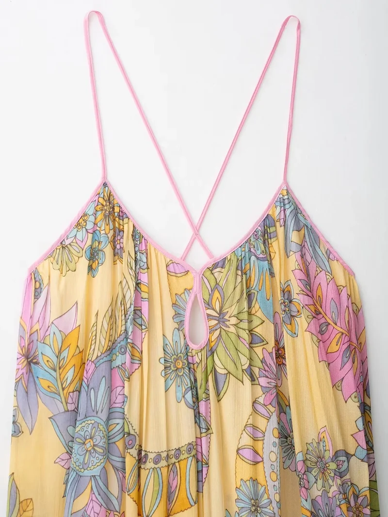 Robe d’été fluide à bretelles imprimé floral en mousseline