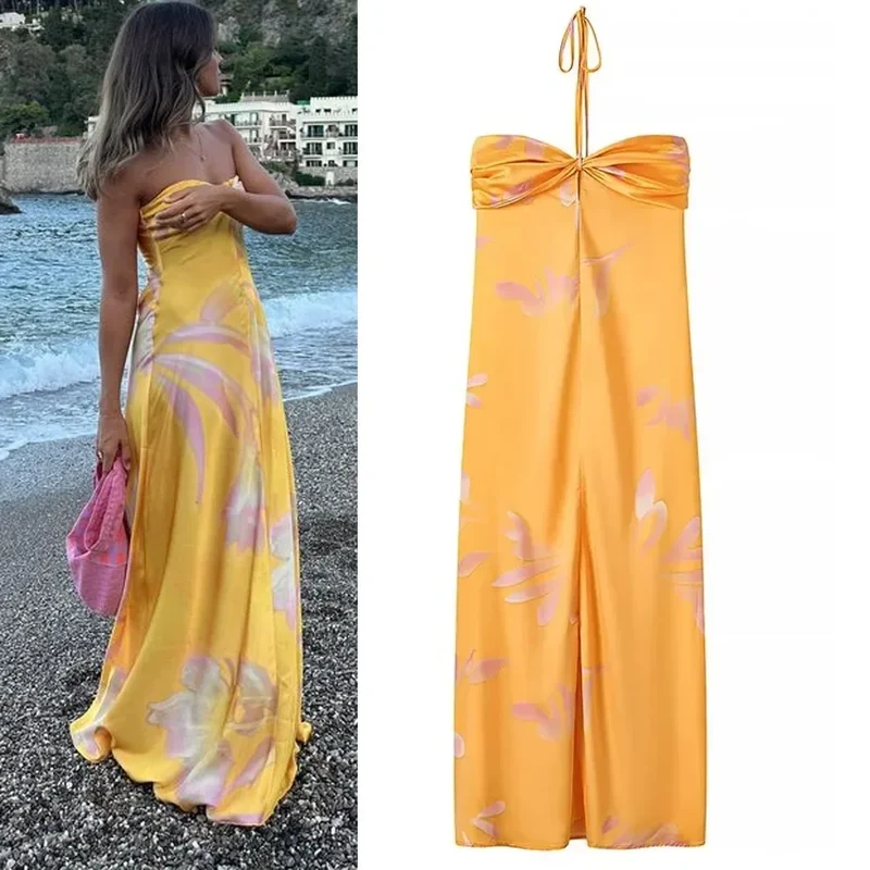 Longue robe bustier bohème chic jaune en tissu satiné
