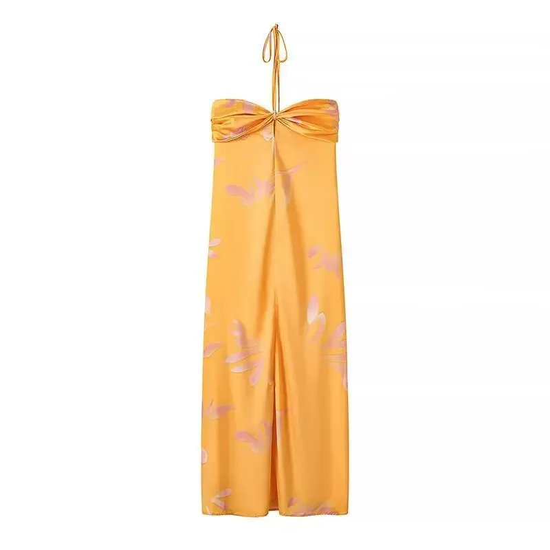 Longue robe bustier bohème chic jaune en tissu satiné