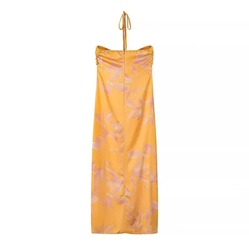 Longue robe bustier bohème chic jaune en tissu satiné
