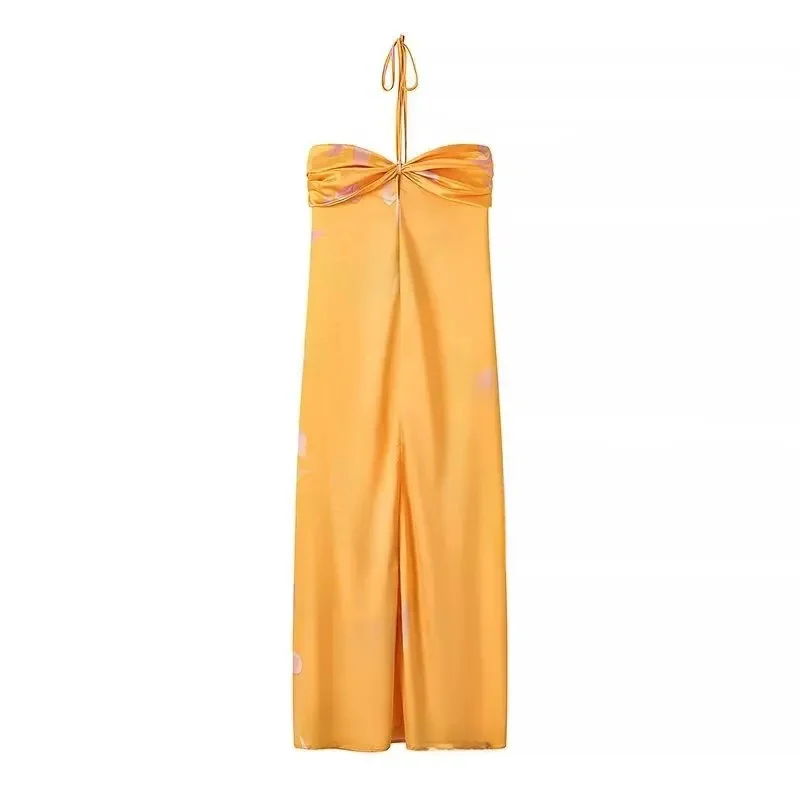 Longue robe bustier bohème chic jaune en tissu satiné