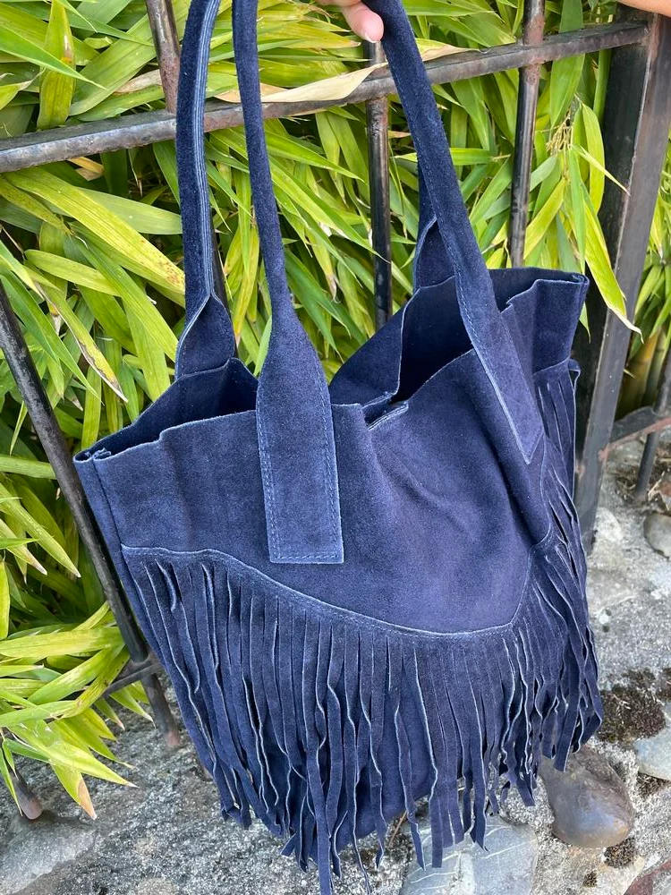 Sac Boho Chic en cuir bleu marine
