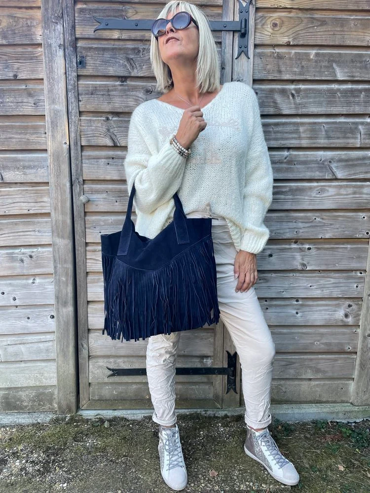 Sac Boho Chic en cuir bleu marine