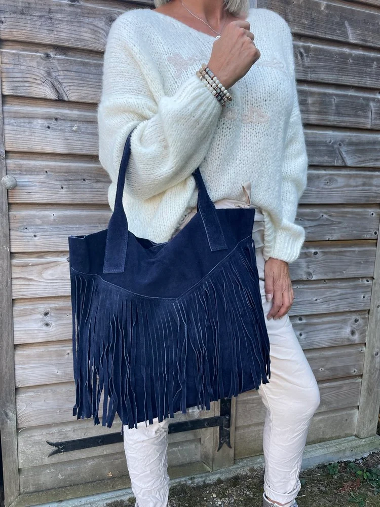 Sac Boho Chic en cuir bleu marine