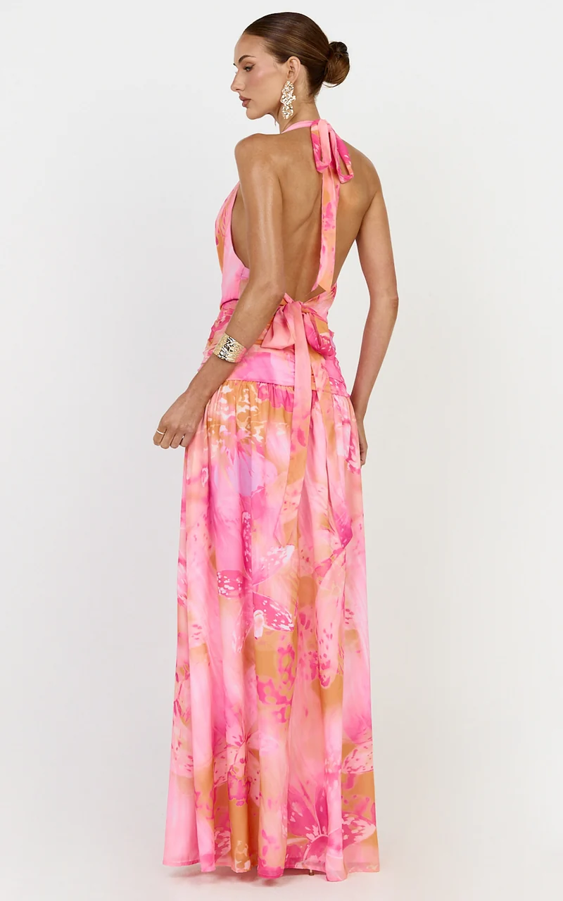 Nova Maxi Dress - Plunge Neckline Backless Georgette Dress in Hot House Orchid Print