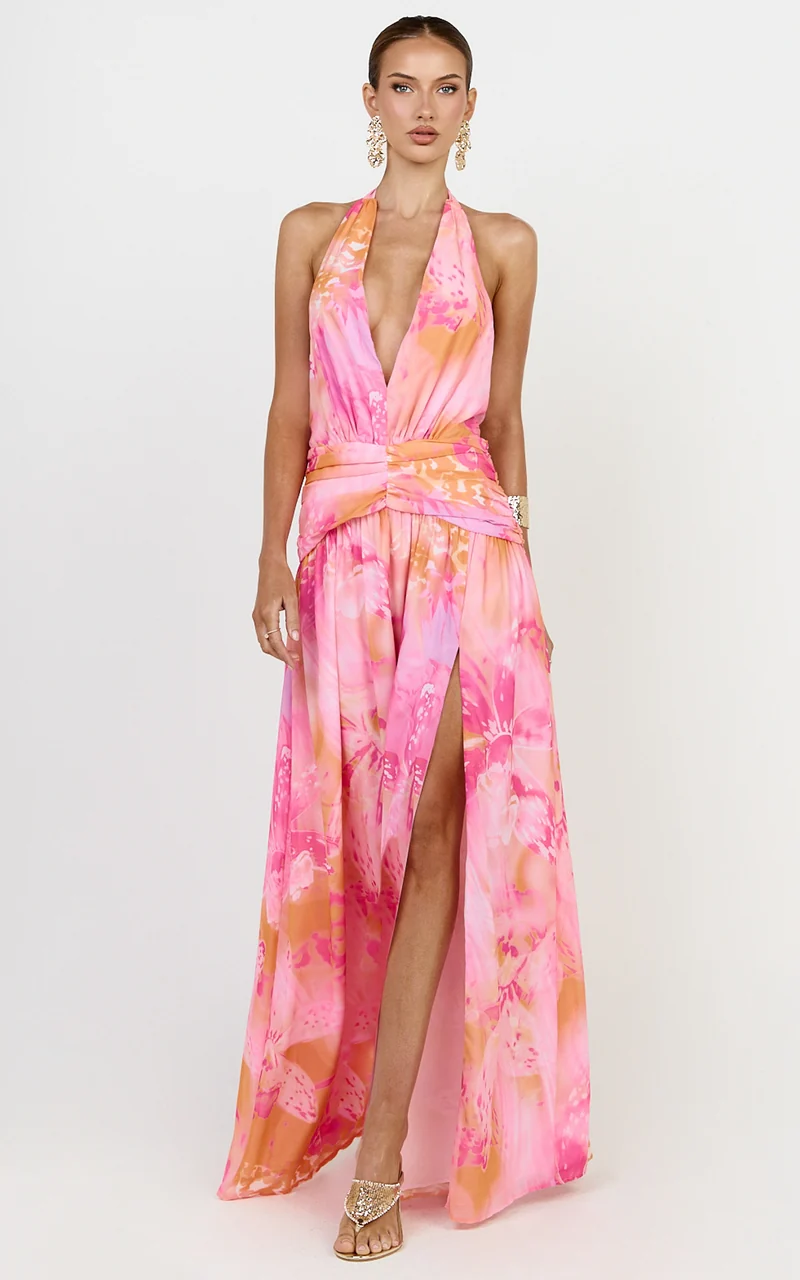 Nova Maxi Dress - Plunge Neckline Backless Georgette Dress in Hot House Orchid Print