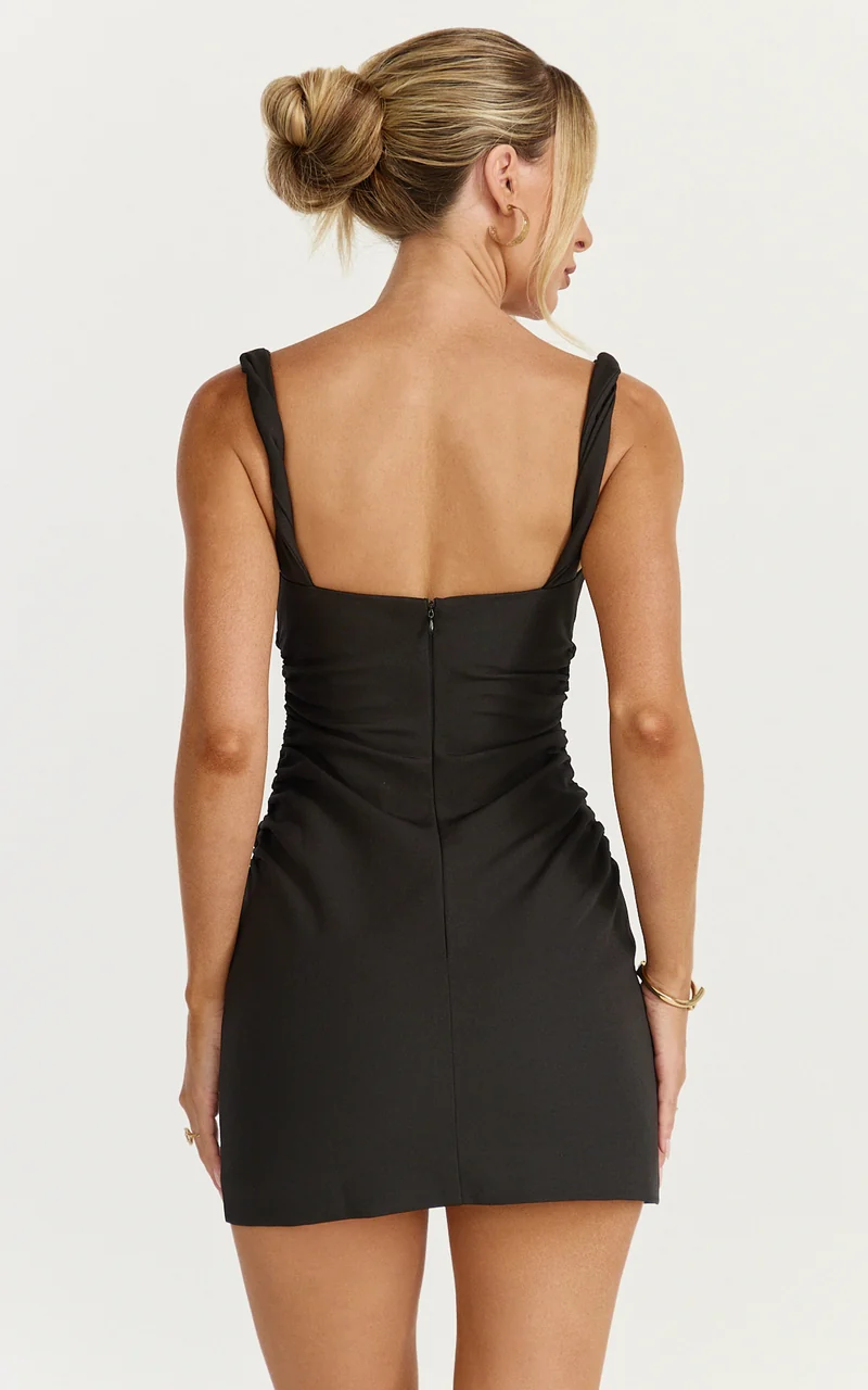 Eugenia Mini Dress - Square Neck Bodycon Dress in Black
