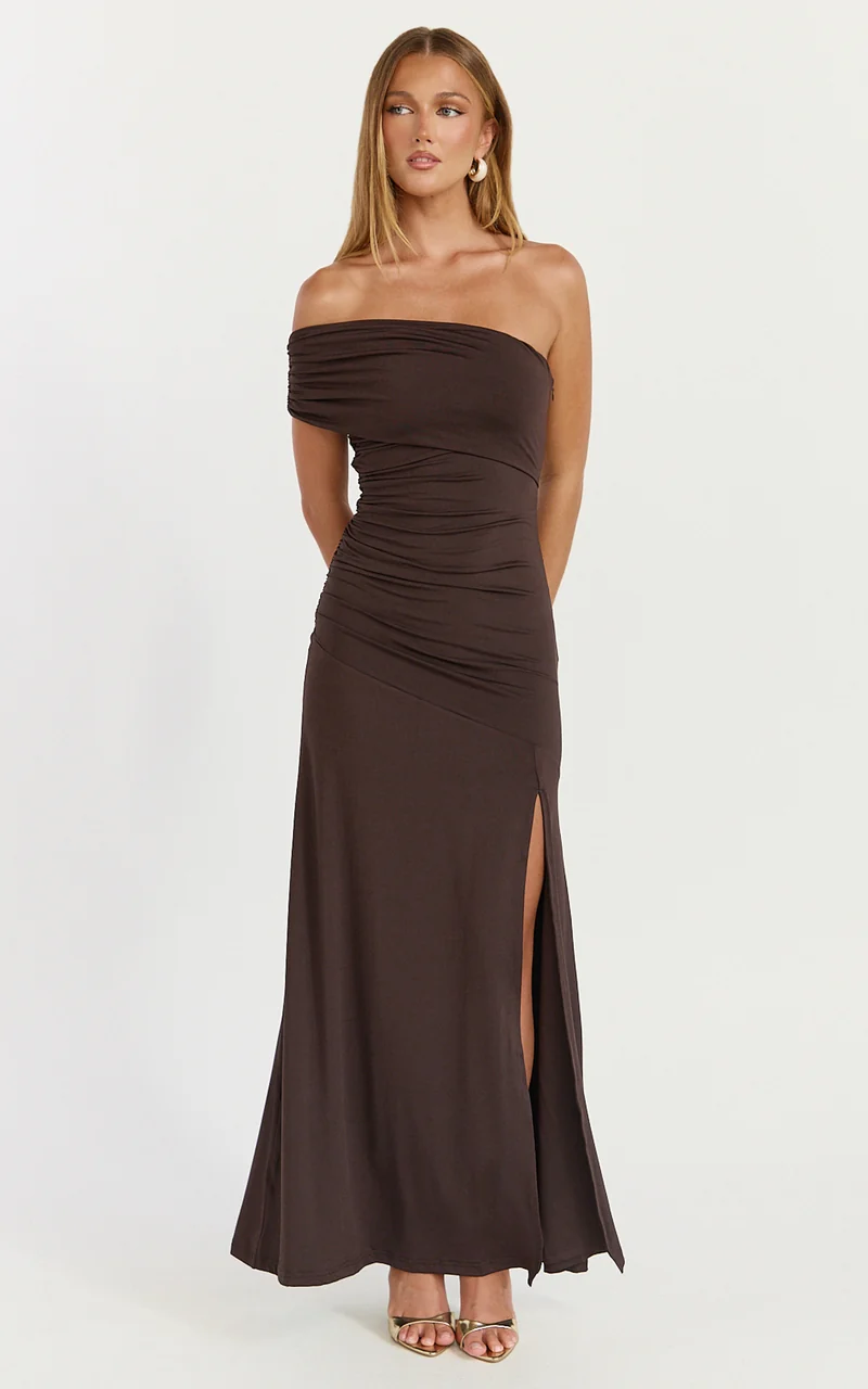Opal Maxi Dress - Off Shoulder Gathered Bodice Fit And Flare Dress in Dark Chocolate