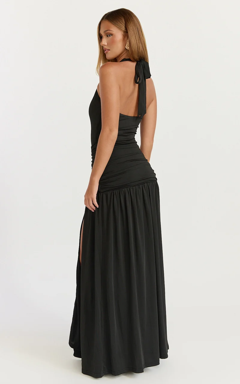 Phoenix Maxi Dress - Halter Neck Gold Trim Jersey Dress in Black