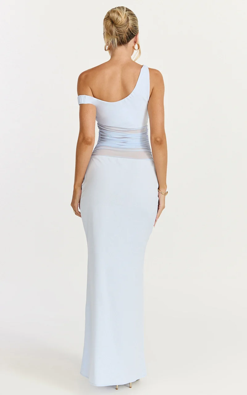 Elias Maxi Dress - Twisted One Shoulder Cowl Dropped Waist Dress in Blue