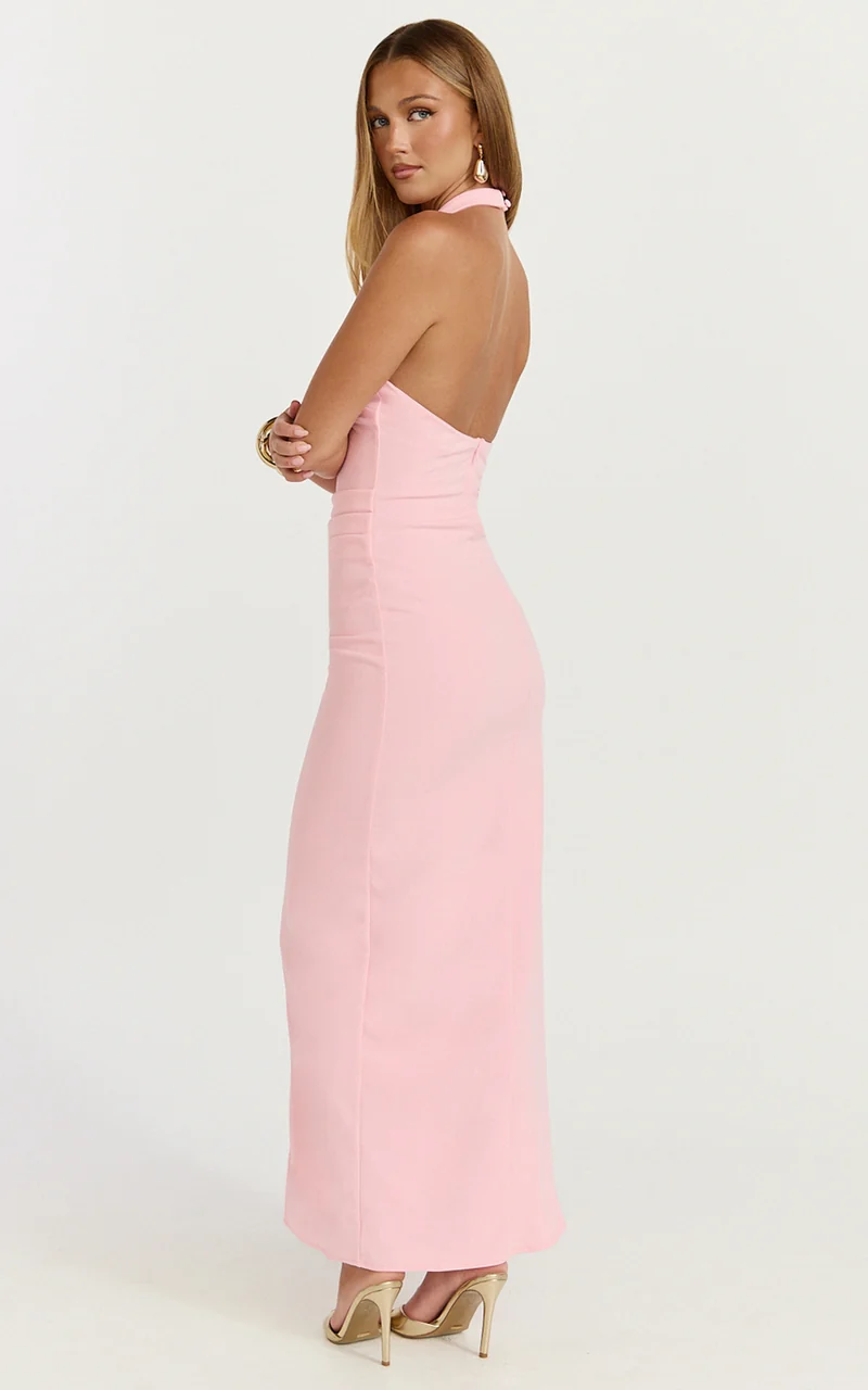Lani Midi Dress - Scooped Neckline Draped Skirt Halter Dress in Pink