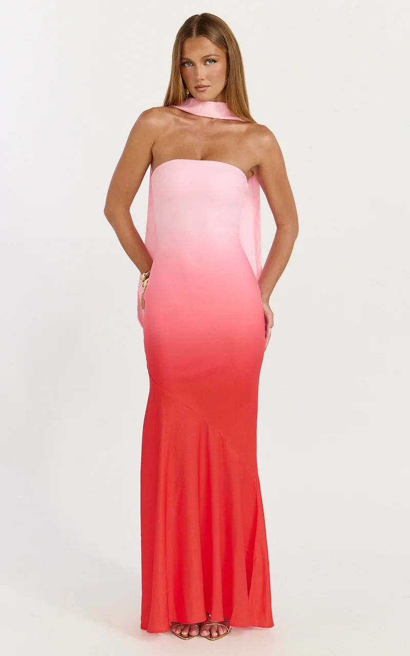 Lolly Maxi Dress - Strapless Bias Column Dress with Scarf in Blush Ombre Print