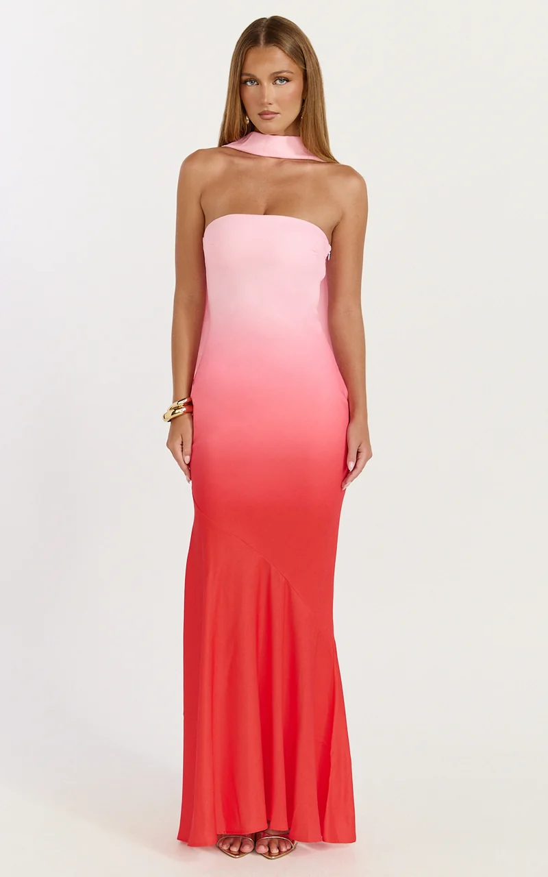 Lolly Maxi Dress - Strapless Bias Column Dress with Scarf in Blush Ombre Print