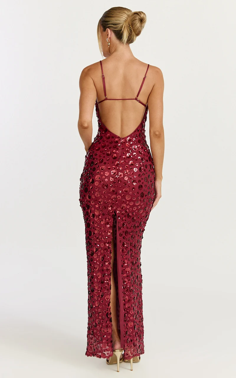 Blaze Maxi Dress - Backless Sequin Dress in Wine