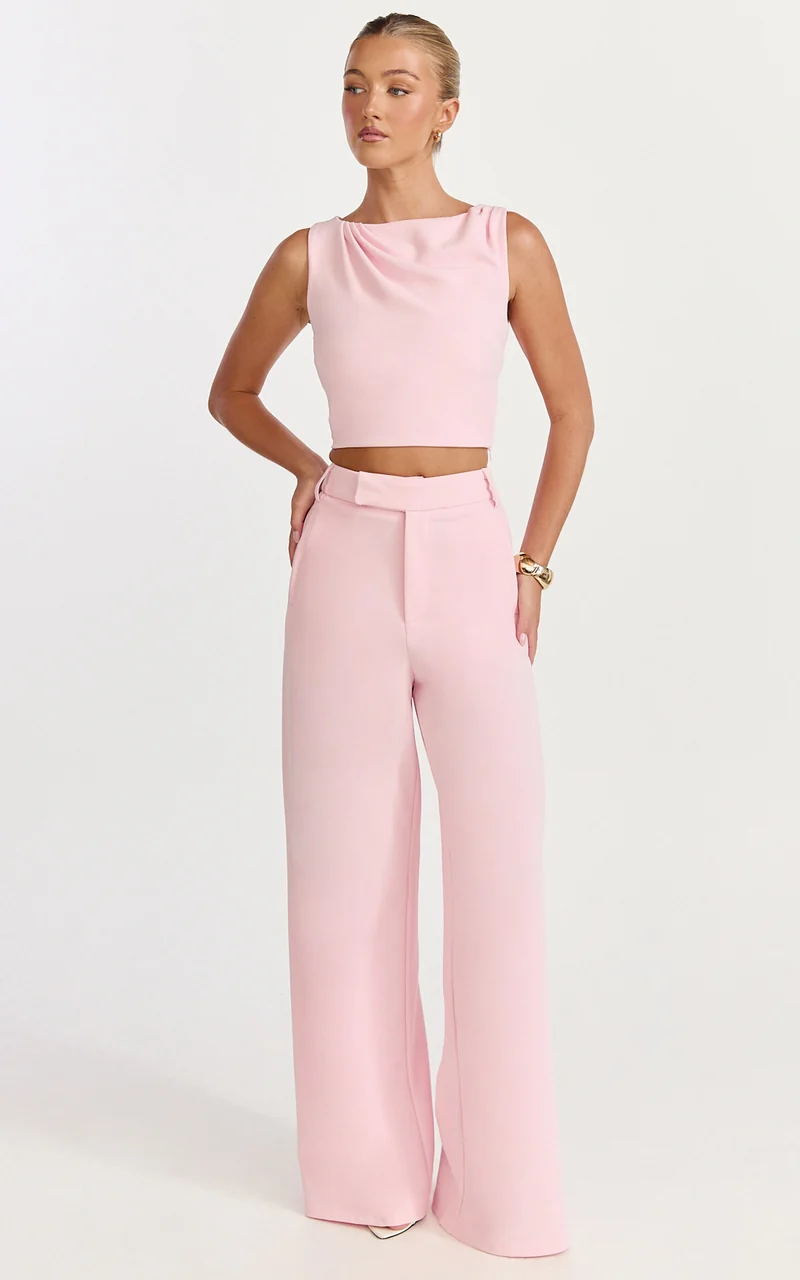 Helen Two Piece Set - Crepe Twisted Top And Wide Leg Pants in Pink