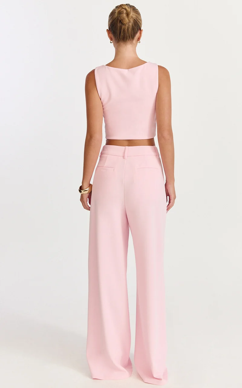 Helen Two Piece Set - Crepe Twisted Top And Wide Leg Pants in Pink