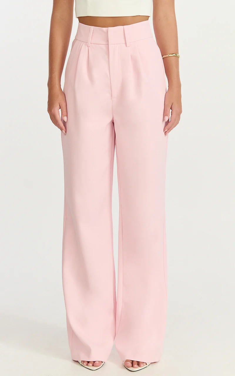 Melissa Pants - Pleat Front Wide Leg Tailored Pants in Pink