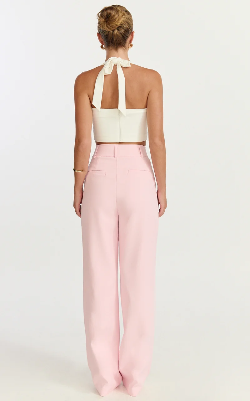 Melissa Pants - Pleat Front Wide Leg Tailored Pants in Pink
