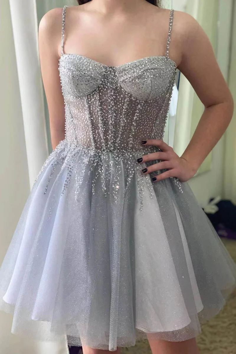 Robe de soirée en tulle gris argenté scintillant, sans manches, à paillettes